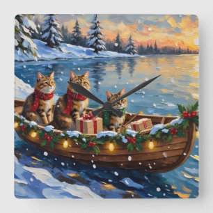 Sibirische Katze Weihnachten Boot Urlaub Quadratische Wanduhr
