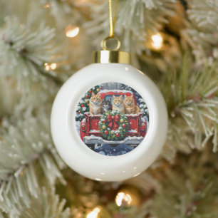 Sibirische Katze Weihnachten Rotes Lastwagen Ferie Keramik Kugel-Ornament