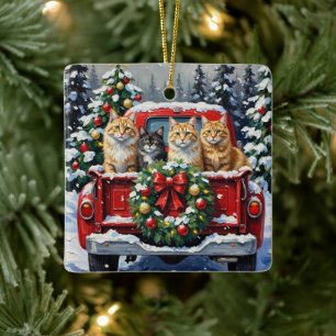 Sibirische Katze Weihnachten Rotes Lastwagen Ferie Keramikornament