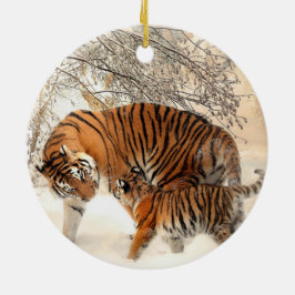 Sibirische Tigermutter und Kitten Keramik Ornament