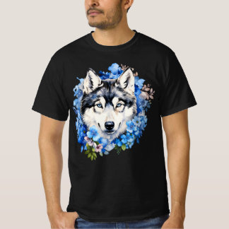 Sibirischer Husky, blaues florales Wasserfarbenpor T-Shirt