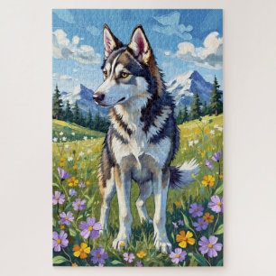 Sibirischer Husky Frühjahrs-Wildblumenwiese Hund