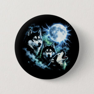 Sibirischer Husky heult den Mond an – Nachthimmel Button