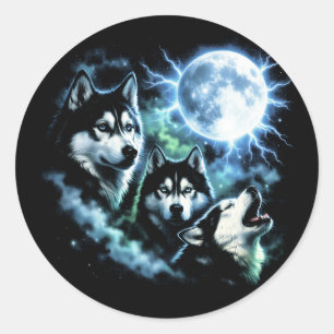 Sibirischer Husky heult den Mond an – Nachthimmel Runder Aufkleber