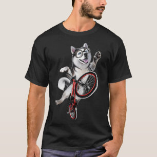Sibirischer Husky Hund auf Fahrrad führt den Sprun T-Shirt