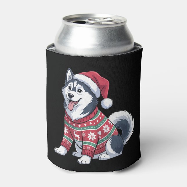 Sibirischer Husky Hund hässlicher Pullover Weihnac Dosenkühler (Kanne Vorderseite)