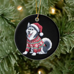 Sibirischer Husky Hund hässlicher Pullover Weihnac Keramik Ornament