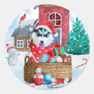 Sibirischer Husky-Hund im Schnee-Christallushäusch Runder Aufkleber