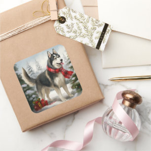 Sibirischer Husky-Hund im Schnee Weihnachten Quadratischer Aufkleber