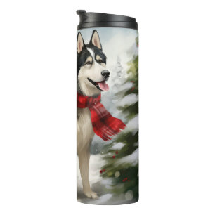 Sibirischer Husky-Hund im Schnee Weihnachten Thermosbecher