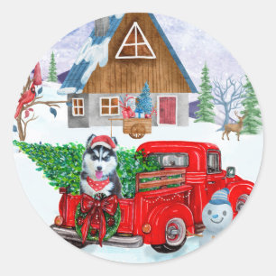Sibirischer Husky-Hund im Weihnachtslieferwagen Runder Aufkleber
