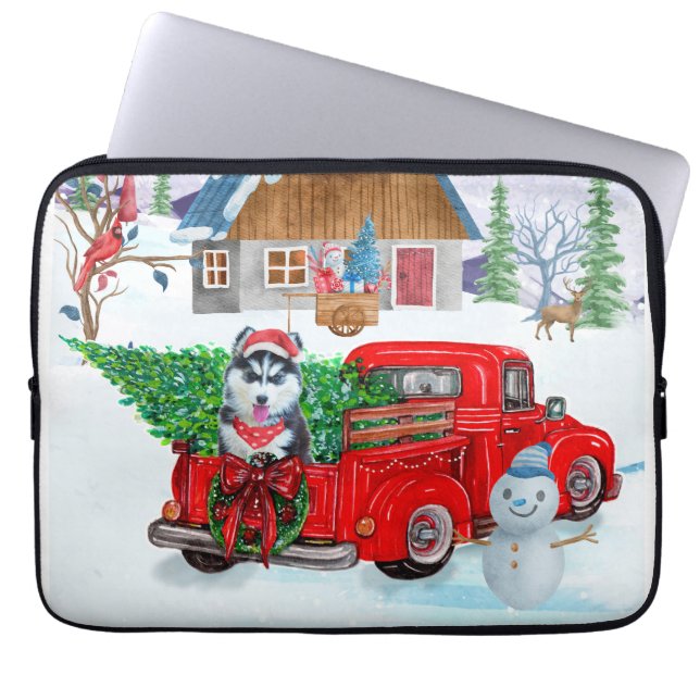 Sibirischer Husky-Hund in Weihnachtslieferwagen Laptopschutzhülle (Vorderseite)