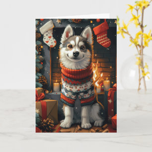 Sibirischer Husky-Hund mit Weihnachtsgeschenken am Karte