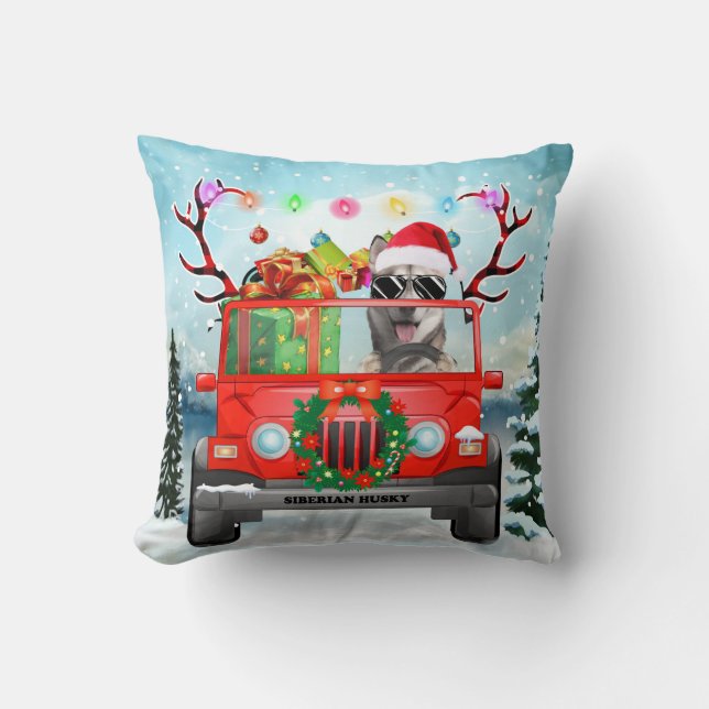 Sibirischer Husky-Hund mit Weihnachtsgeschenken Kissen (Vorderseite)