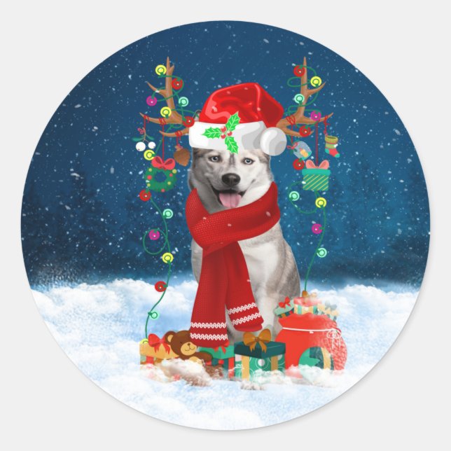 Sibirischer Husky-Hund mit Weihnachtsgeschenken Runder Aufkleber (Vorderseite)