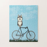 Sibirischer Husky-Hund sitzend auf Vintagem Fahrra<br><div class="desc">Das Puzzle mit einem bezaubernden Husky sitzt an einem blauen Sommertag auf einem altmodischen Fahrrad.</div>