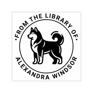 Sibirischer Husky-Hund steht Silh Bibliotheksbuchn Permastempel