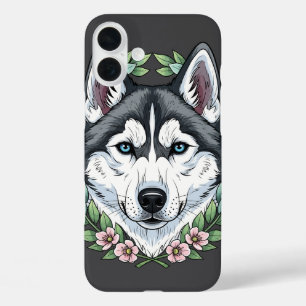 Sibirischer Husky Hund und Berglorbeerblumen iPhone 16 Plus Hülle