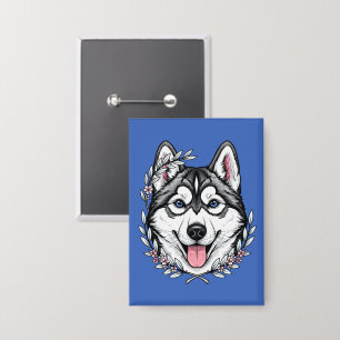 Sibirischer Husky-Hund und Berglorbeerblüte Button