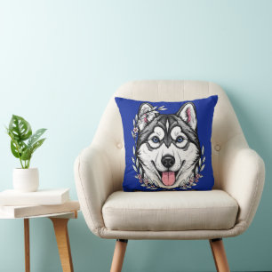 Sibirischer Husky-Hund und Berglorbeerblüte Kissen