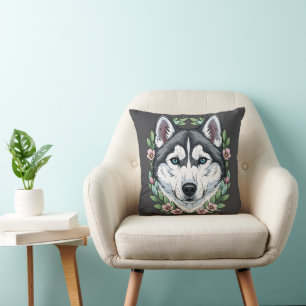Sibirischer Husky-Hund und Berglorbeerblüten Kissen