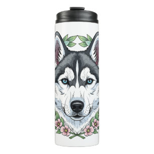 Sibirischer Husky-Hund und Berglorbeerblüten  Thermosbecher