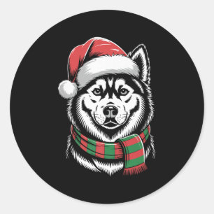 Sibirischer Husky Hund Weihnachten Santa Hut Schal Runder Aufkleber