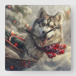 Sibirischer Husky Hund Weihnachtsfestlich Quadratische Wanduhr
