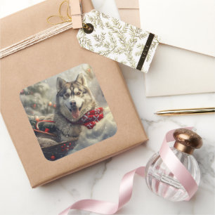 Sibirischer Husky Hund Weihnachtsfestlich Quadratischer Aufkleber