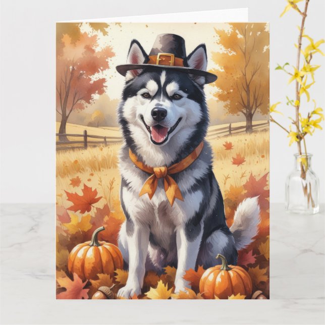 Sibirischer Husky im Herbst hinterlässt Erntedank  Karte (Gelbe Blume)
