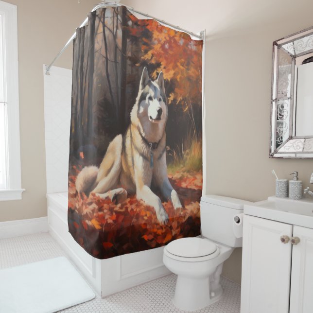 Sibirischer Husky im Herbstausfall Inspiriert Duschvorhang (Beispiel)