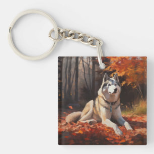 Sibirischer Husky im Herbstausfall Inspiriert Schlüsselanhänger