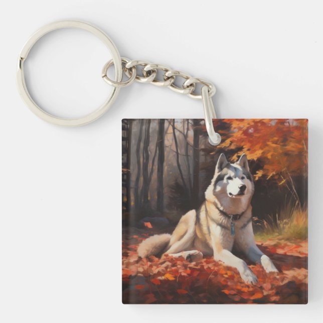 Sibirischer Husky im Herbstausfall Inspiriert Schlüsselanhänger (Vorderseite)