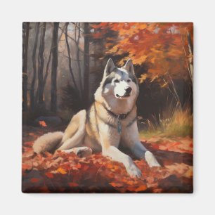 Sibirischer Husky im Herbstlaub Fall Inspiriert Magnet