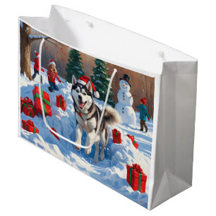 Sibirischer Husky läuft im Schnee mit Weihnachtsmü Große Geschenktüte