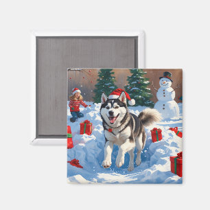 Sibirischer Husky läuft im Schnee mit Weihnachtsmü Magnet