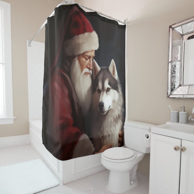 Sibirischer Husky mit Weihnachtsmann Weihnachten Duschvorhang (Beispiel)