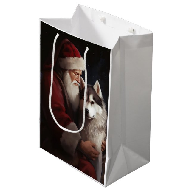 Sibirischer Husky mit Weihnachtsmann Weihnachten Mittlere Geschenktüte (Vorderseite Schrägansicht)