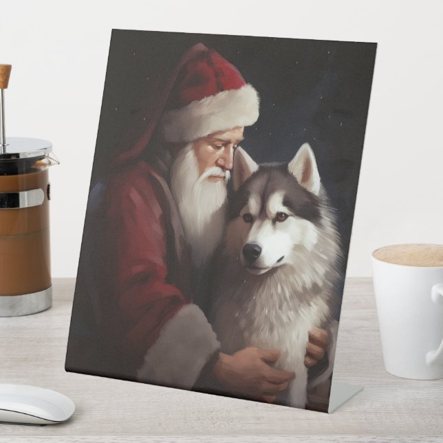 Sibirischer Husky mit Weihnachtsmann Weihnachten Sockelschild (In Situ)