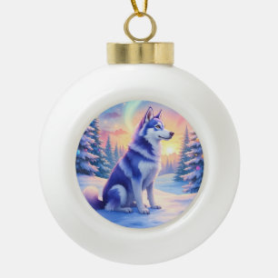 Sibirischer Husky Nordlichter Weihnachten Winter Keramik Kugel-Ornament