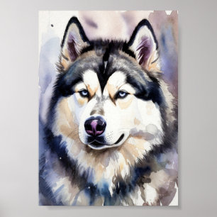 Sibirischer Husky-Porträt Aquarell-Fine-Art - Blau Poster