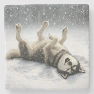 Sibirischer Husky schafft einen Schneengel Steinuntersetzer