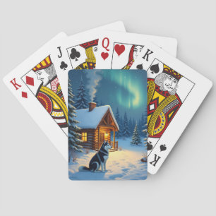 Sibirischer Husky Schneehütte Weihnachtsmalerei Spielkarten