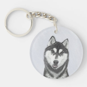 Sibirischer Husky (Schwarz und Weiß) Malerei Hund Schlüsselanhänger