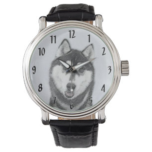 Sibirischer Husky (Schwarz und Weiß) Malerei Hunde Armbanduhr