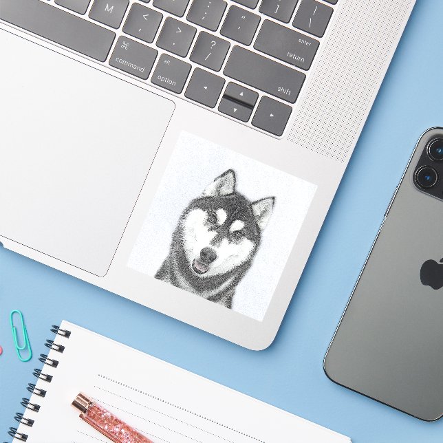 Sibirischer Husky (Schwarz und Weiß) Malerei Hunde Aufkleber (Laptop mit iPhone)
