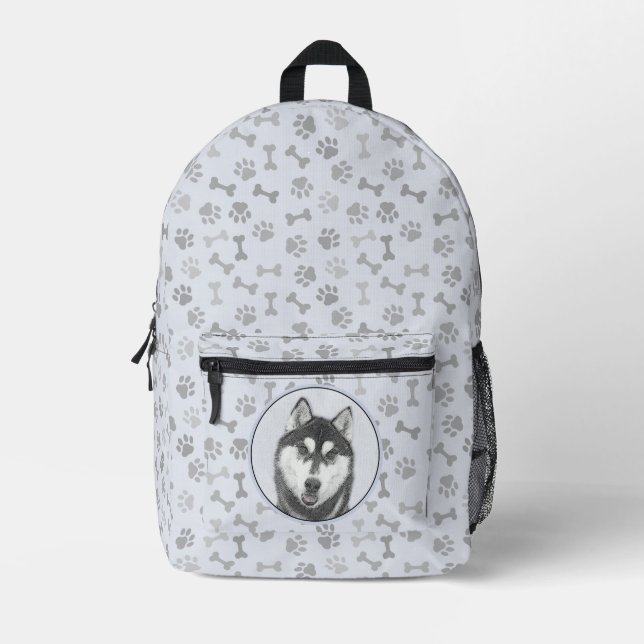 Sibirischer Husky (Schwarz und Weiß) Malerei Hunde Bedruckter Rucksack (Vorderseite)