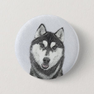 Sibirischer Husky (Schwarz und Weiß) Malerei Hunde Button