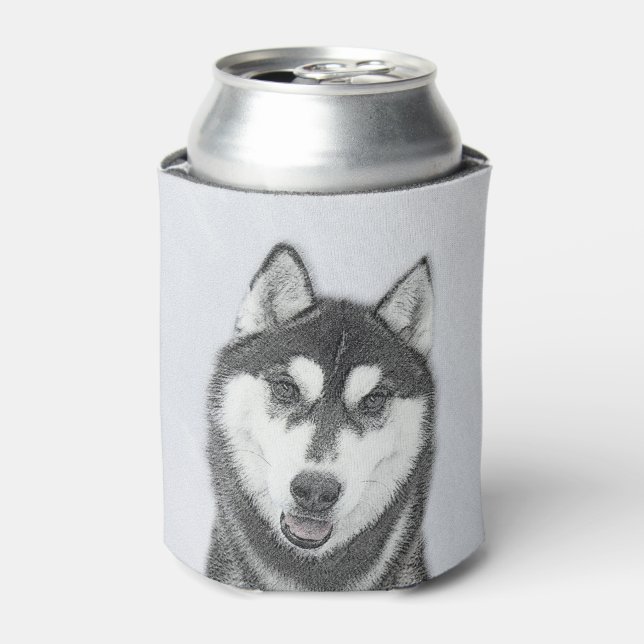 Sibirischer Husky (Schwarz und Weiß) Malerei Hunde Dosenkühler (Kanne Vorderseite)