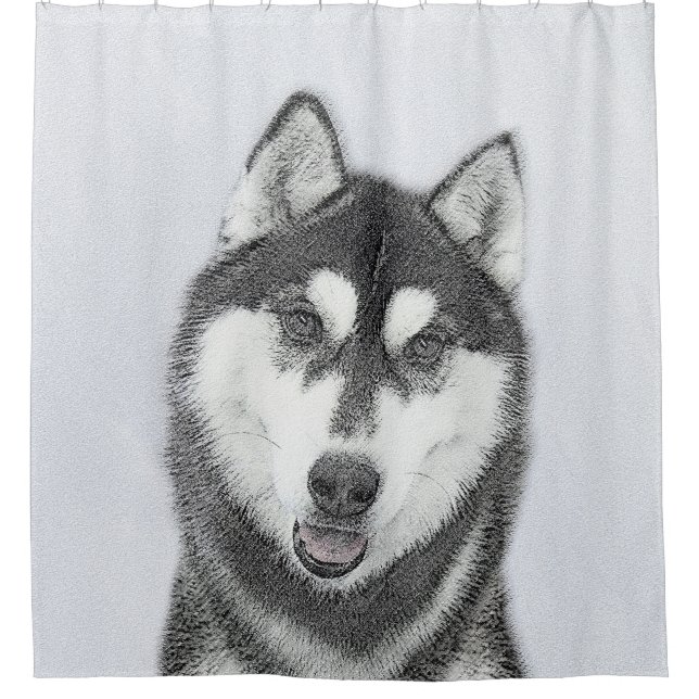 Sibirischer Husky (Schwarz und Weiß) Malerei Hunde Duschvorhang (Vorderseite)